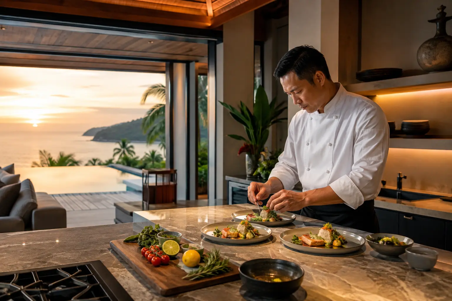 Chef privado preparando una cena en una villa de lujo en Phuket